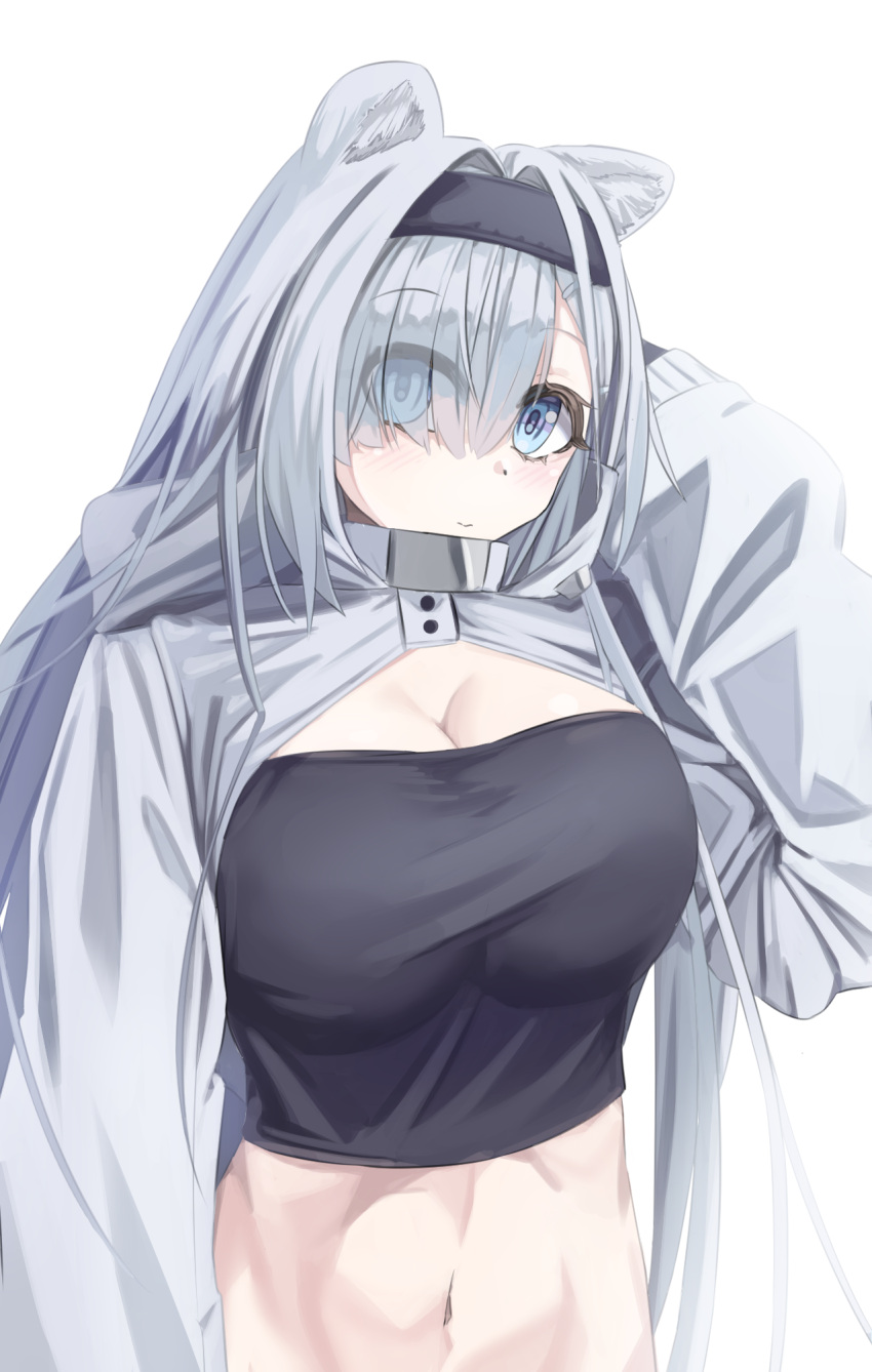 1girl animal_ears arknights aurora_(arknights) bear_ears black_hairband blue_eyes breasts cleavage commentary_request dkzksp grey_hair hair_over_one_eye hairband highres large_breasts long_hair long_sleeves looking_at_viewer midriff navel shrug_(clothing) simple_background solo stomach strapless tube_top upper_body very_long_hair white_background