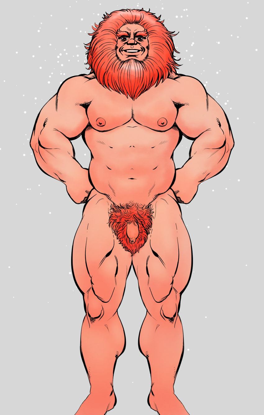 1boy abs absurdres bara beard completely_nude dc_comics facial_hair feet_out_of_frame flaccid foreskin forever_people forked_eyebrows full_beard hands_on_own_hips highres large_pectorals lion_mane looking_at_viewer male_focus male_pubic_hair mature_male muscular muscular_male navel nipples nude pectorals pubic_hair smagma smile solo standing stomach tachi-e thick_beard thick_eyebrows thick_thighs thighs thighs_together uncensored wrinkled_skin