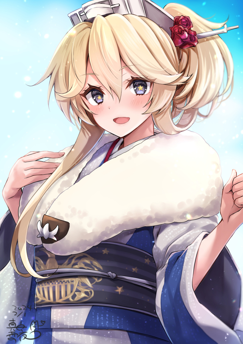 1girl :d artist_name blonde_hair blue_eyes blue_kimono blush dated english_commentary feather_boa flower fur-trimmed_kimono fur_trim hair_between_eyes hair_flower hair_ornament hands_up headgear highres iowa_(kancolle) japanese_clothes kantai_collection kimono long_hair long_sleeves mashiro_yukiya new_year obi obijime official_alternate_costume open_mouth red_flower sash signature simple_background smile solo star-shaped_pupils star_(symbol) symbol-shaped_pupils upper_body wide_sleeves