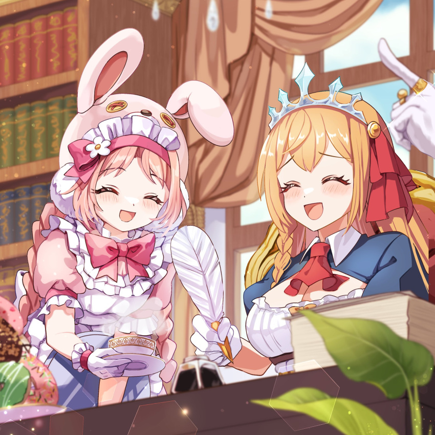 2girls alternate_costume animal_hood blurry blurry_foreground blush bookshelf braid breasts cleavage closed_eyes enmaided gloves hair_ornament highres hood long_braid long_hair maid medium_breasts mimi_(princess_connect!) multiple_girls open_mouth orange_hair paper pecorine_(princess_connect!) pink_hair princess_connect! rokico table tea tiara twin_braids