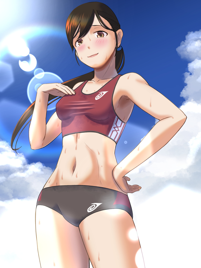 1girl abs bare_arms blue_sky blush breasts brown_eyes brown_hair buruma check_commentary cloud cloudy_sky commentary commentary_request day floating_hair hand_on_own_hip hayato_rock highres lens_flare light_smile lips long_hair looking_at_viewer navel original outdoors ponytail rainbow refraction sky small_breasts solo sports_bikini sportswear stomach sunlight sweat swept_bangs thighs track_and_field track_uniform