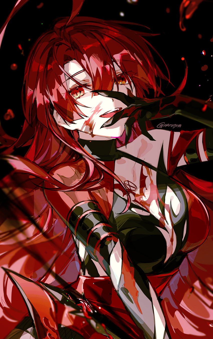 1girl absurdres ahoge black_background black_gloves blood blood_on_face bloody_queen_(elsword) breasts chest_tattoo cleavage dress elbow_gloves elesis_(elsword) elsword floating_hair gloves hair_between_eyes highres long_hair looking_at_viewer medium_breasts narugrm open_mouth red_eyes red_hair smile solo tattoo teeth twitter_username very_long_hair