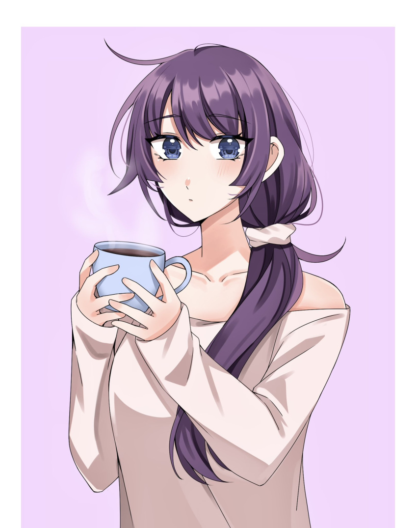 1girl bare_shoulders blue_eyes blush closed_mouth collarbone cup eyelashes grey_shirt hair_between_eyes hair_ornament hair_over_shoulder hair_scrunchie hands_up highres holding holding_cup jmfz5558 long_hair looking_at_viewer monogatari_(series) mug off-shoulder_shirt off_shoulder official_alternate_hairstyle ponytail purple_background purple_hair scrunchie senjougahara_hitagi shadow shirt sidelocks simple_background sleeves_past_wrists solo steam upper_body