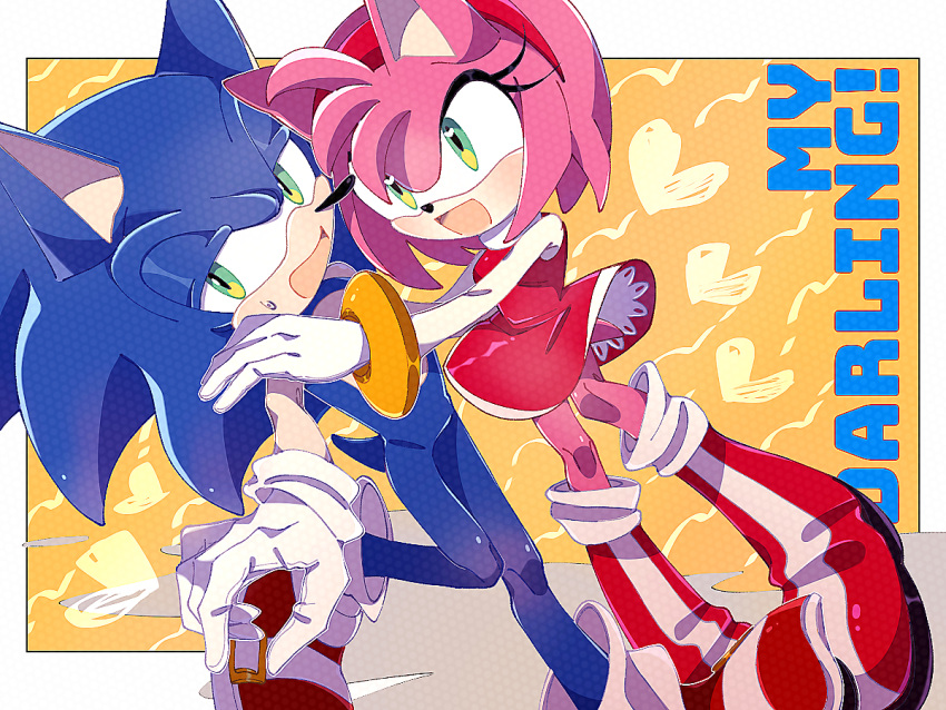 1boy 1girl 6v6_1212 amy_rose boots dress furry furry_female furry_male gloves green_eyes heart hug looking_at_another looking_to_the_side open_mouth red_dress red_footwear sonic_(series) sonic_the_hedgehog standing sweat white_gloves
