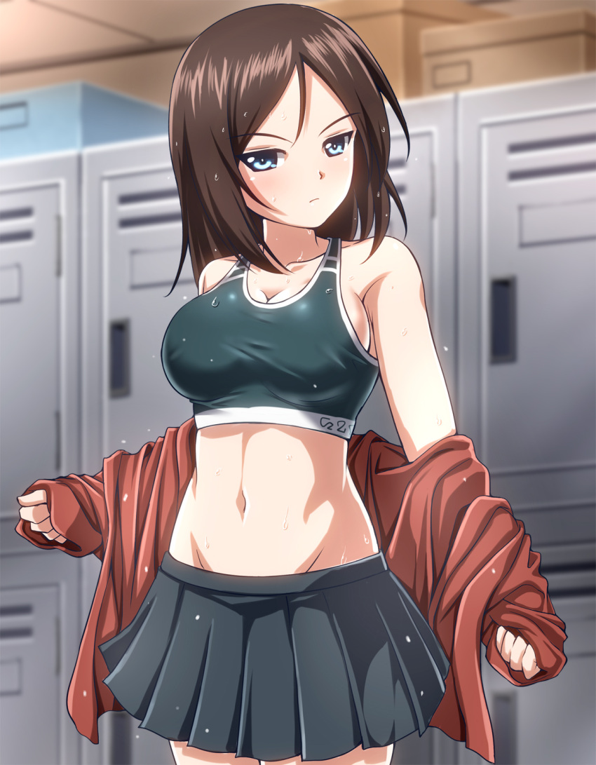 1girl black_hair black_skirt black_sports_bra blue_eyes blurry blurry_background breasts cleavage closed_mouth cowboy_shot depth_of_field frown girls_und_panzer highres indoors large_breasts locker locker_room long_hair long_sleeves looking_at_viewer miniskirt navel nonna_(girls_und_panzer) off_shoulder pleated_skirt pravda_school_uniform red_shirt school_uniform shirt skirt solo sports_bra standing sweat swept_bangs undressing zanntetu