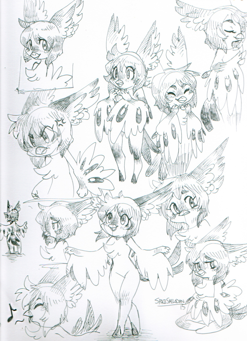 2015 4_fingers angry anthro avian bird chest_tuft cross-popping_vein cute_expression expression_sheet expressions eyes_closed feathers female fingers happy hi_res inner_ear_fluff looking_at_viewer multiple_angles musical_note open_mouth perico rear_view sitting sketch sketch_page solo spacesmilodon tired tuft wary