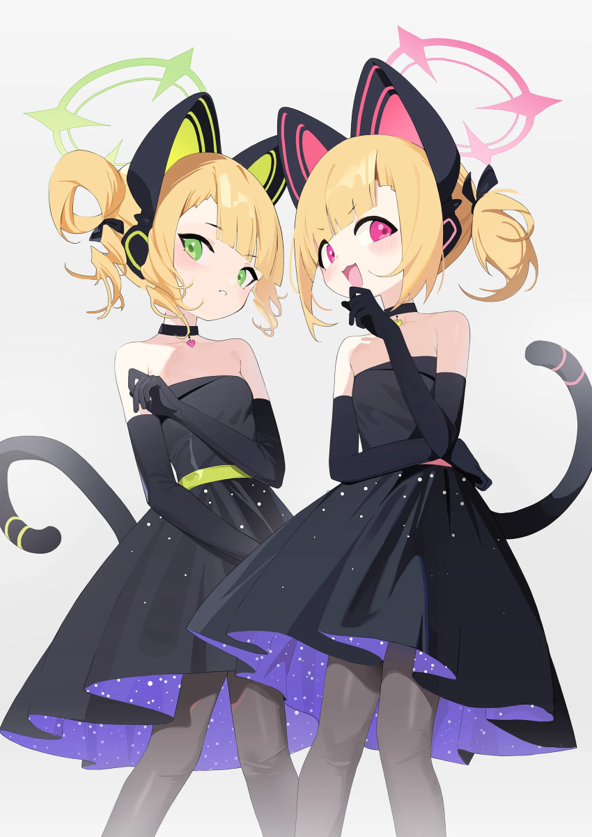 2girls absurdres alternate_costume alternate_hairstyle animal_ear_headphones animal_ears black_choker black_dress black_gloves black_pantyhose blonde_hair blue_archive blush cat_tail choker dress elbow_gloves electricline fake_animal_ears gloves green_eyes green_halo grey_background halo headphones highres midori_(blue_archive) momoi_(blue_archive) multiple_girls open_mouth pantyhose pink_halo red_eyes short_hair simple_background smile strapless strapless_dress tail white_background