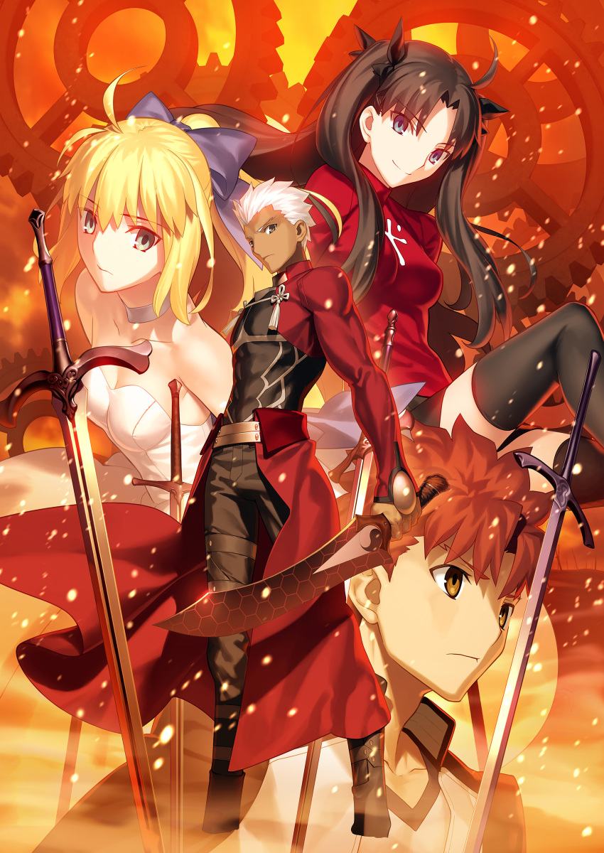 archer cleavage dress emiya_shirou fate/stay_night_unlimited_blade_works saber sword takeuchi_takashi thighhighs toosaka_rin type-moon