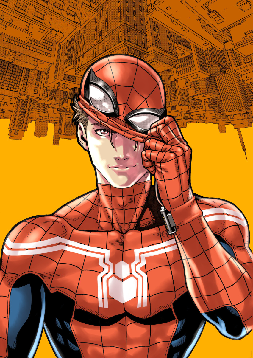 1boy absurdres animification bodysuit brown_eyes brown_hair covered_collarbone gloves highres looking_at_viewer male_focus marvel mask mask_on_head mask_pull oosawa_yuusuke orange_background peter_parker portrait red_bodysuit red_gloves smile solo spider-man spider-man_(series) spider_web_print upper_body