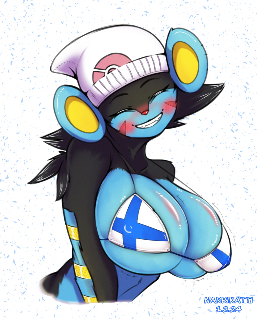 anthro big_breasts black_body black_fur blue_body blue_fur blush blush_lines body_blush breast_blush breasts clothing eyes_closed felid feline female finland finnish_flag fur generation_4_pokemon grin hat headgear headwear hi_res huge_breasts looking_at_viewer luxray lynx mammal narrikatti nintendo pokemon pokemon_(species) smile solo teeth