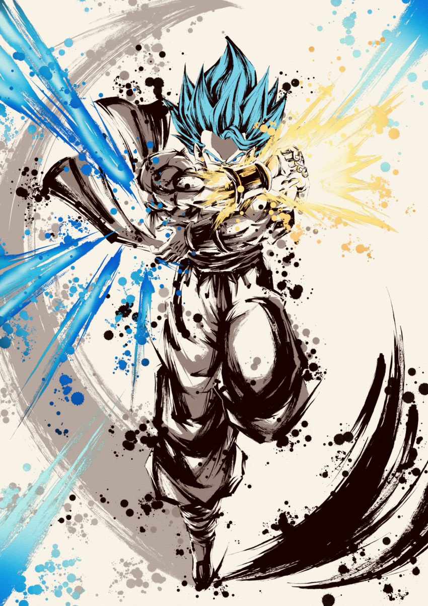 1boy blue_eyes blue_hair dragon_ball dragon_ball_super dragon_ball_super_broly energy gogeta highres ink_wash_painting limited_palette pants sash solo spiked_hair spmjg7 super_saiyan super_saiyan_blue white_pants