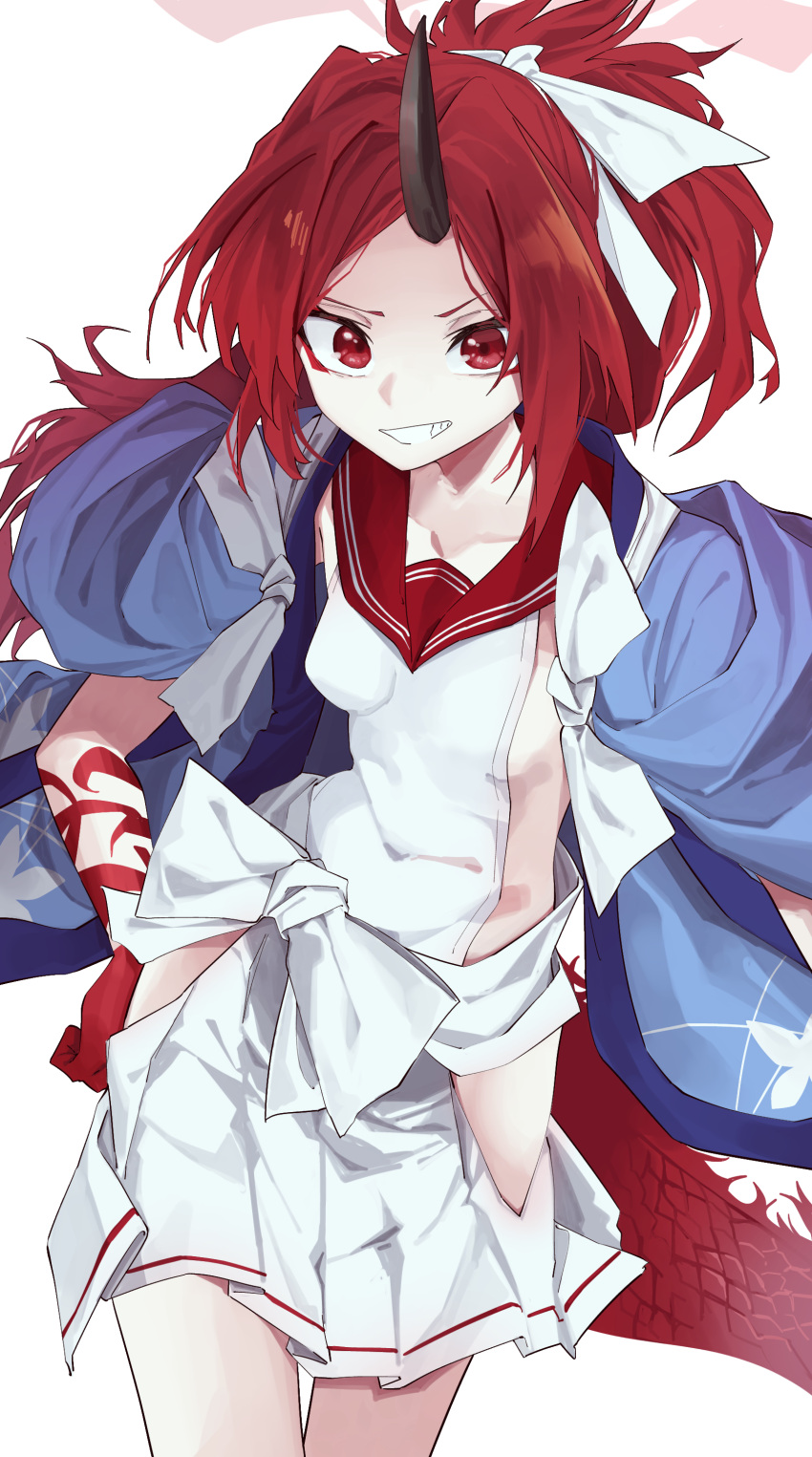 1girl absurdres bad_anatomy black_horns blue_archive breasts dragon_girl dragon_horns eyeshadow grin halo highres hip_vent horns long_hair makeup md5_mismatch pleated_skirt ponytail red_eyes red_eyeshadow red_hair red_halo red_sailor_collar renge_(blue_archive) resolution_mismatch sailor_collar sideless_shirt simple_background single_horn skirt small_breasts smile solo source_smaller vivo_(vivo_sun_0222) white_background white_skirt