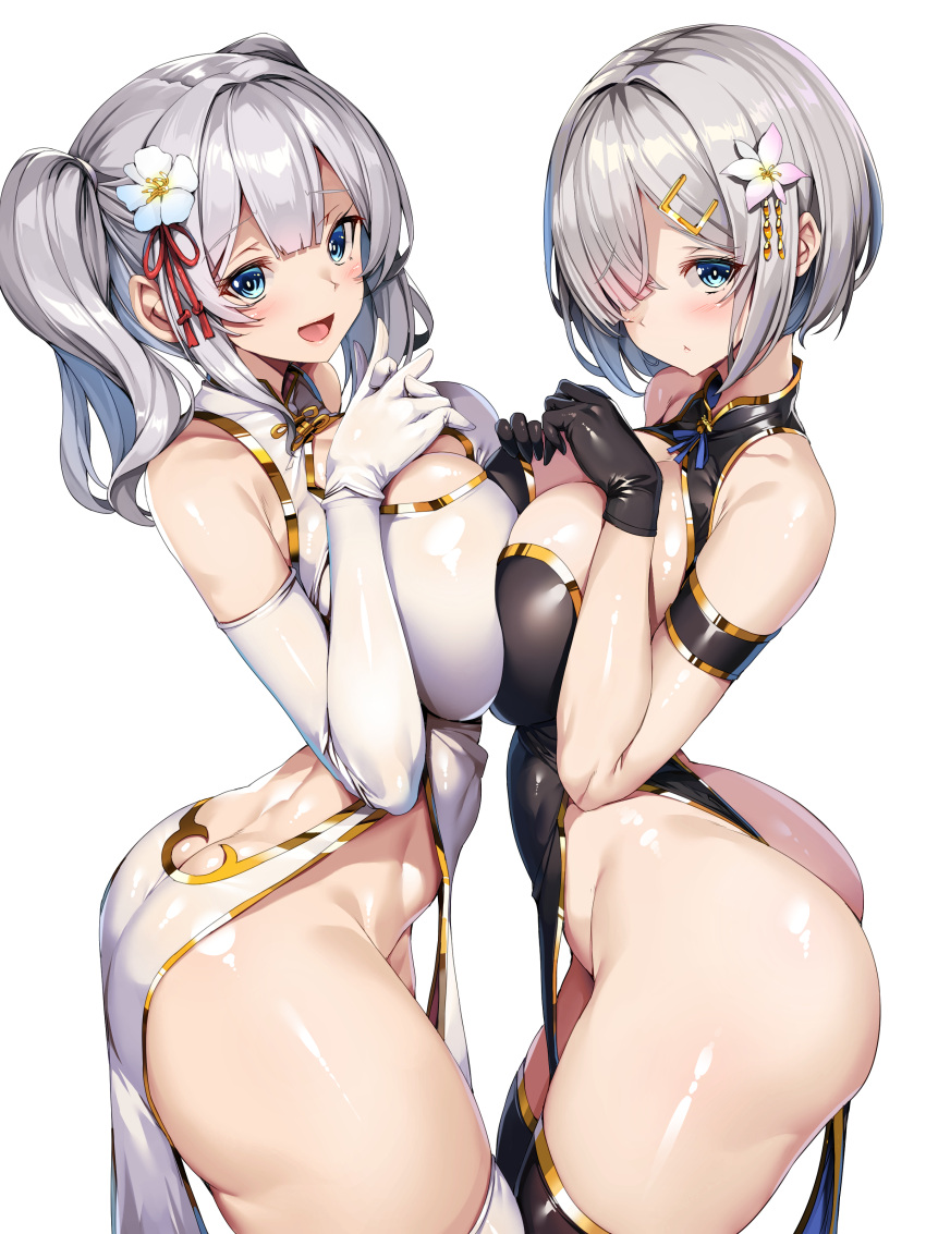 2girls :d absurdres arched_back ass black_dress black_gloves blue_eyes blush breast_press closed_mouth commentary_request dress flower gloves grey_hair hair_flower hair_ornament hair_over_one_eye hairclip hamakaze_(kancolle) highres kantai_collection kashima_(kancolle) looking_at_viewer medium_hair multiple_girls open_mouth short_hair simple_background smile symmetrical_docking torisan twintails white_background white_dress white_gloves