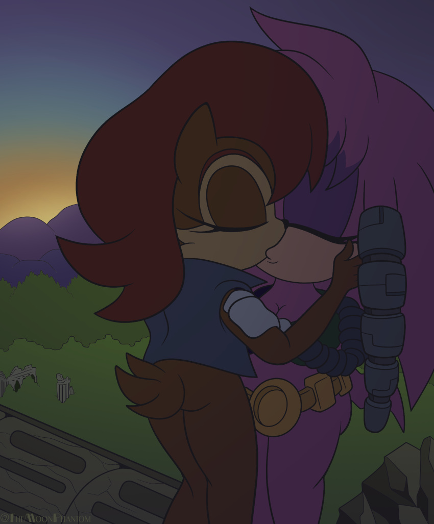 2024 anthro archie_comics belt biped breasts brown_body brown_hair chipmunk cleavage clothed clothing countershade_face countershading duo echidna eyes_closed female female/female ground_squirrel hair hand_on_cheek hi_res hybrid julie-su kissing mammal monotreme outside purple_body rodent sally_acorn sciurid scut_tail sega shadowwalk short_tail sonic_the_hedgehog_(archie) sonic_the_hedgehog_(comics) sonic_the_hedgehog_(series) standing tail topwear tree_squirrel twilight vest