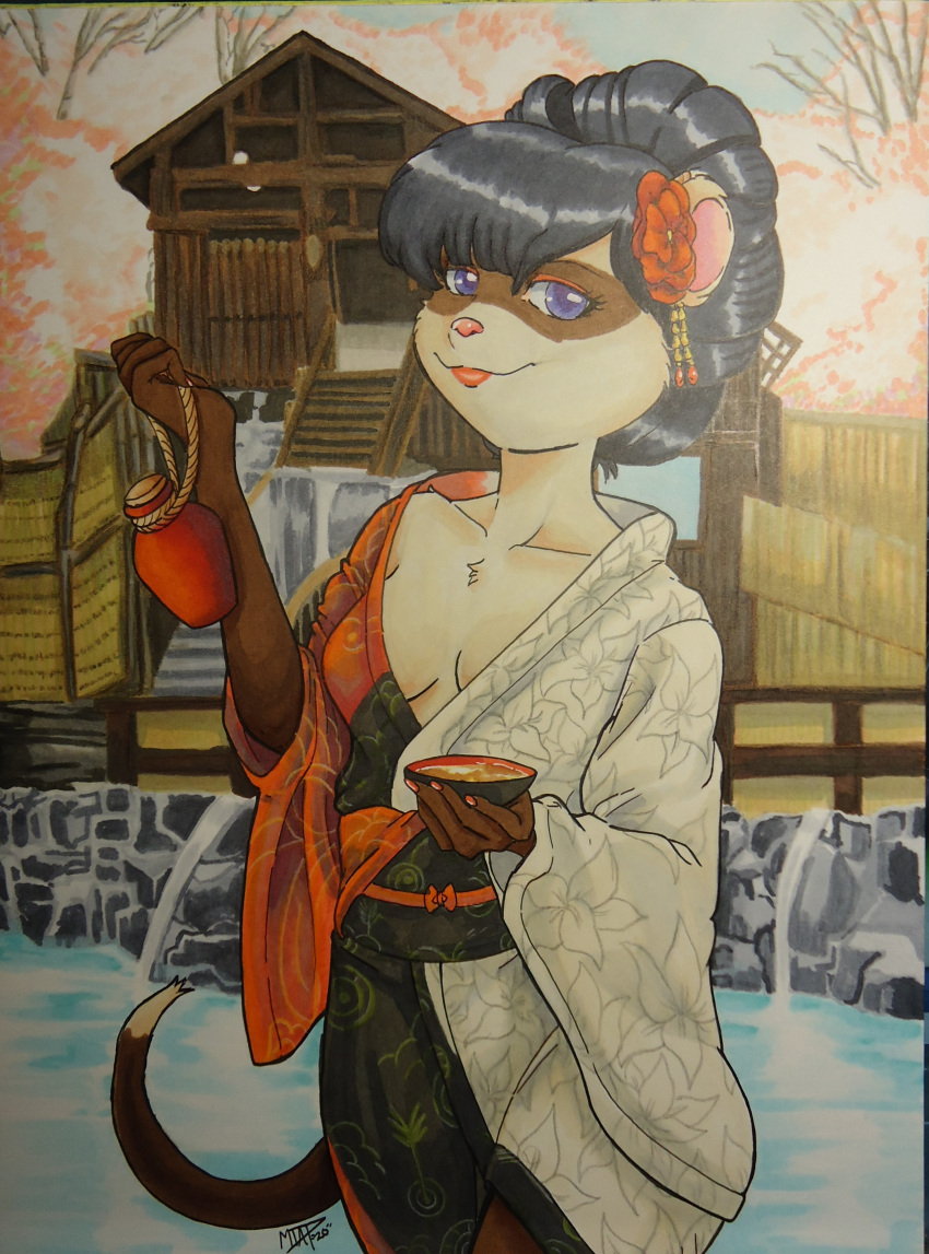 absurd_res alex_(disambiguation) anthro asian_clothing avencri bath bathhouse clothing domestic_ferret east_asian_clothing female furry hi_res japan japanese_clothing kimono mammal mtapartstuff mustelid musteline true_musteline weasel