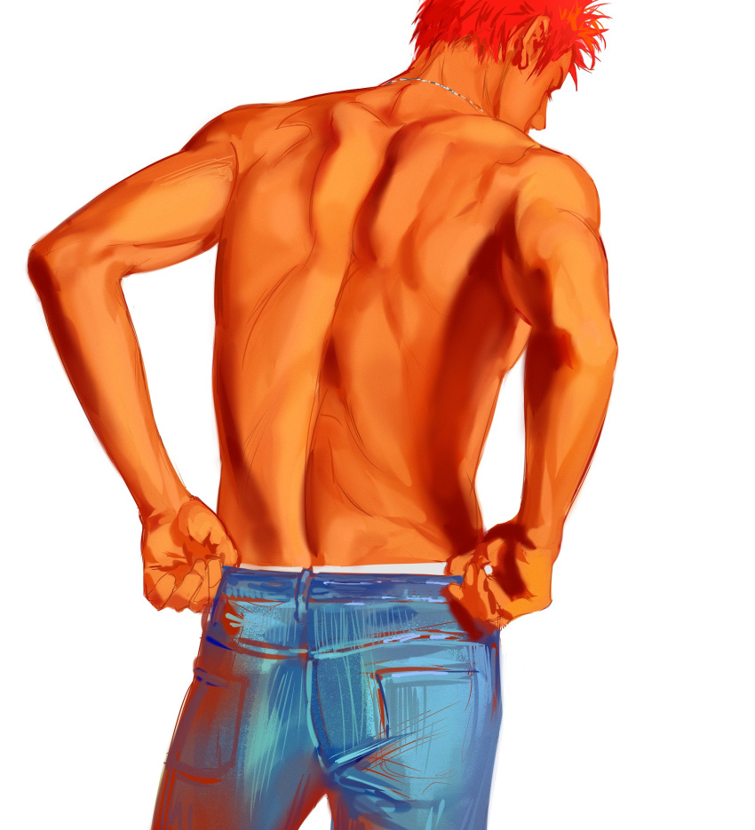 1boy back back_focus back_muscles black_eyes clothes_pull cowboy_shot denim highres jeans jewelry male_focus mukur_sd necklace pants pants_pull pulled_by_self red_hair sakuragi_hanamichi short_hair simple_background slam_dunk_(series) solo toned toned_male topless_male white_background