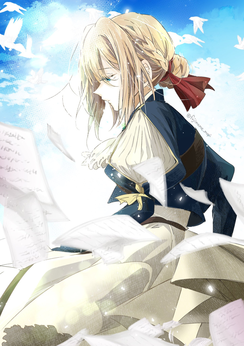 1girl bird blonde_hair blue_shirt flying_paper fujimoto_mame green_eyes hair_bun highres medium_hair paper profile red_ribbon ribbon shirt skirt sky solo twitter_username violet_evergarden violet_evergarden_(series) white_skirt