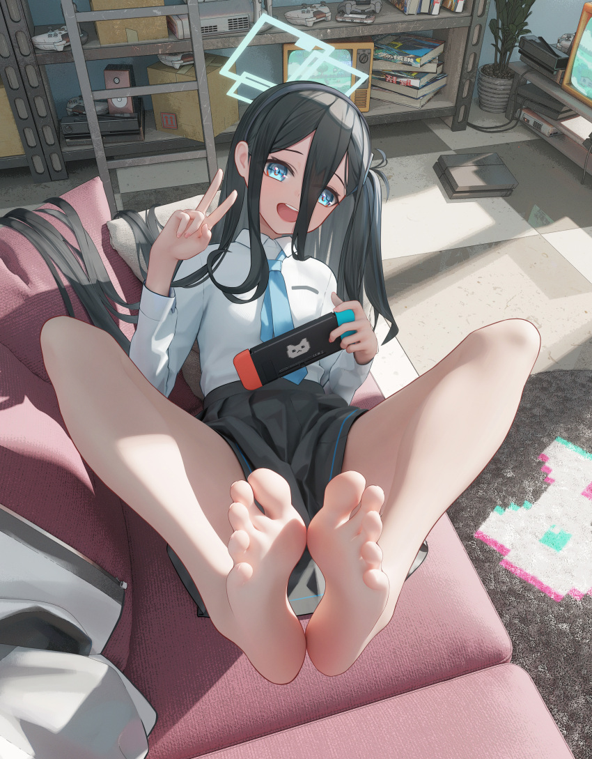 1girl absurdly_long_hair absurdres aris_(blue_archive) barefoot black_hair black_hairband black_skirt blue_archive blue_eyes blue_necktie checkered_floor collared_shirt feet foot_focus foot_pussy foreshortening green_halo hairband halo handheld_game_console highres holding holding_handheld_game_console indoors legs long_hair looking_at_viewer mr_ito necktie one_side_up open_mouth plant pleated_skirt potted_plant revision shirt skirt smile soles solo television toes v very_long_hair white_shirt