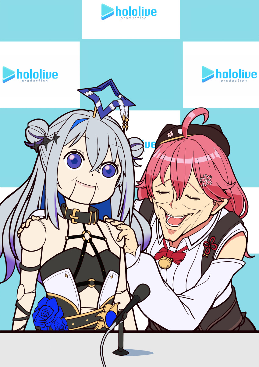 2girls absurdres ahoge amane_kanata bell black_collar blue_flower blue_hair blue_rose closed_eyes collar colored_inner_hair commentary_request creepy_chin_joey_wheeler_(meme) detached_sleeves double_bun dummy flower grey_hair hair_bun hair_ornament hairclip halo highres hololive meme microphone multicolored_hair multiple_girls nabenabe3104 neck_bell o-ring o-ring_top pink_hair purple_hair rose sakura_miko star_halo ventriloquist_dummy virtual_youtuber