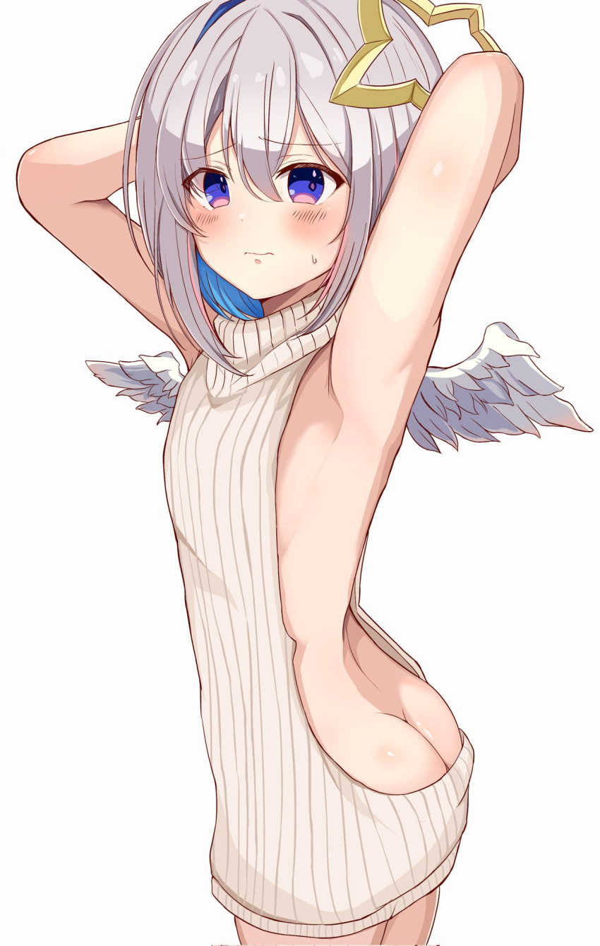 1girl amane_kanata angel_wings armpits arms_behind_head ass blue_hair butt_crack colored_inner_hair grey_hair highres hololive looking_at_viewer meme_attire multicolored_hair purple_eyes short_hair simple_background solo sweatdrop virgin_killer_sweater virtual_youtuber white_background wings yurimaru00