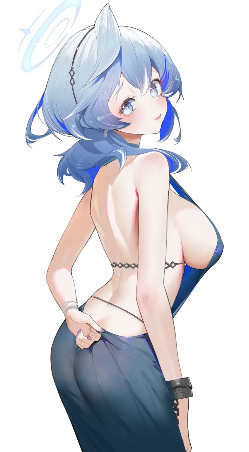 1girl absurdres ako_(blue_archive) ako_(dress)_(blue_archive) annlee ass backless_dress backless_outfit blue_archive blue_eyes blue_hair blue_halo blush breasts closed_mouth cuffs dress hair_between_eyes halo handcuffs highres large_breasts long_hair looking_at_viewer official_alternate_costume sideboob simple_background sleeveless sleeveless_dress solo strapless strapless_dress white_background