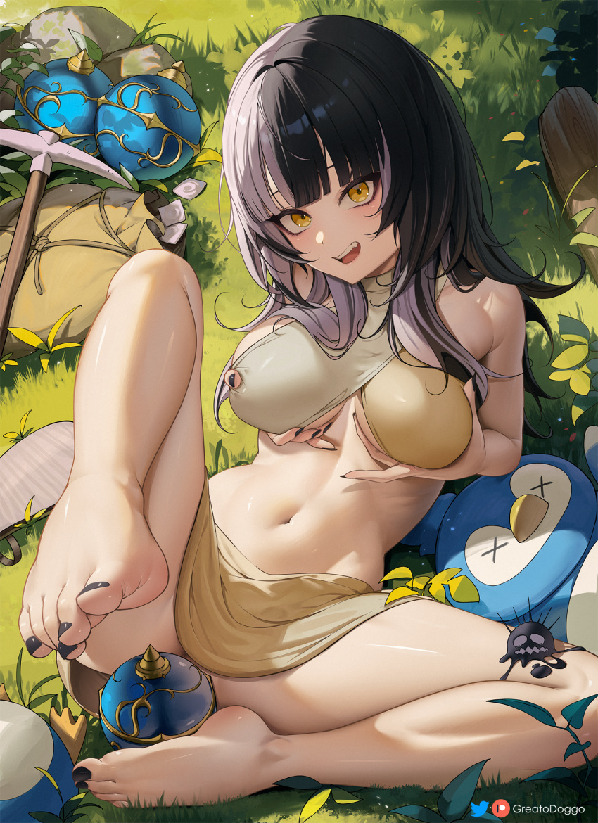 1girl :d anus artist_name bare_shoulders barefoot black_hair black_nails breasts condom condom_wrapper criss-cross_halter day fang fingernails full_body grabbing grabbing_own_breast grass greatodoggo grey_hair halterneck highres holoadvent hololive hololive_english knee_up leaning_back long_hair looking_at_viewer medium_breasts microskirt midriff multicolored_hair nail_polish navel no_panties on_grass open_mouth outdoors patreon_logo pickaxe presenting_foot shiori_novella sitting skirt smile split-color_hair spread_legs stomach striped_arm_warmers thighs toenail_polish toenails toes twitter_logo two-tone_hair virtual_youtuber yellow_eyes yorick_(shiori_novella)