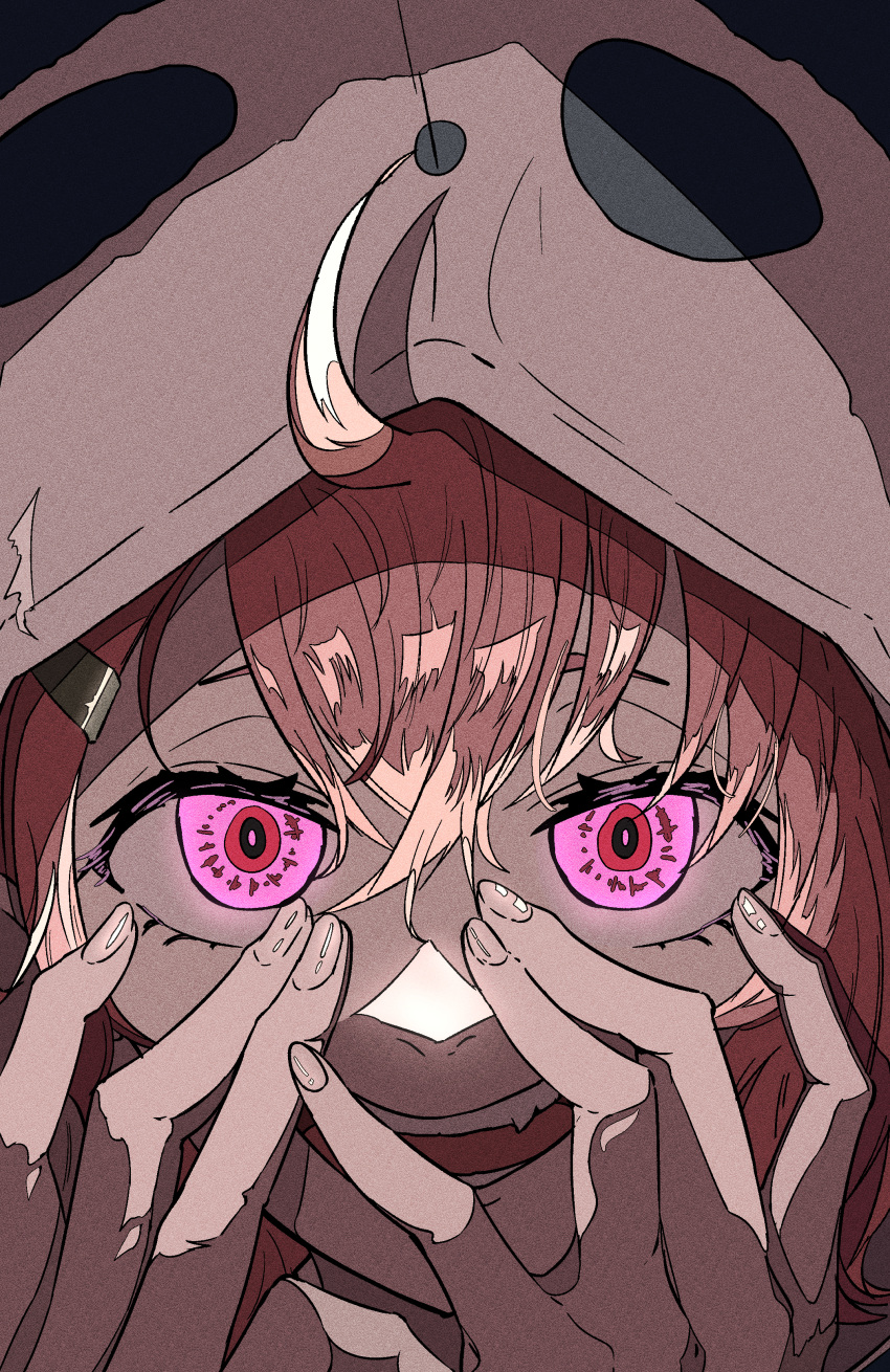 1girl absurdres ahoge animal_hood fang glowing glowing_eyes hair_between_eyes hands_on_own_face hands_up highres hood hood_up ligne_claire looking_at_viewer natsugu72 nijisanji open_mouth panda_hood pink_eyes pink_hair portrait sasaki_saku sasaki_saku_(1st_costume) smile solo teeth virtual_youtuber