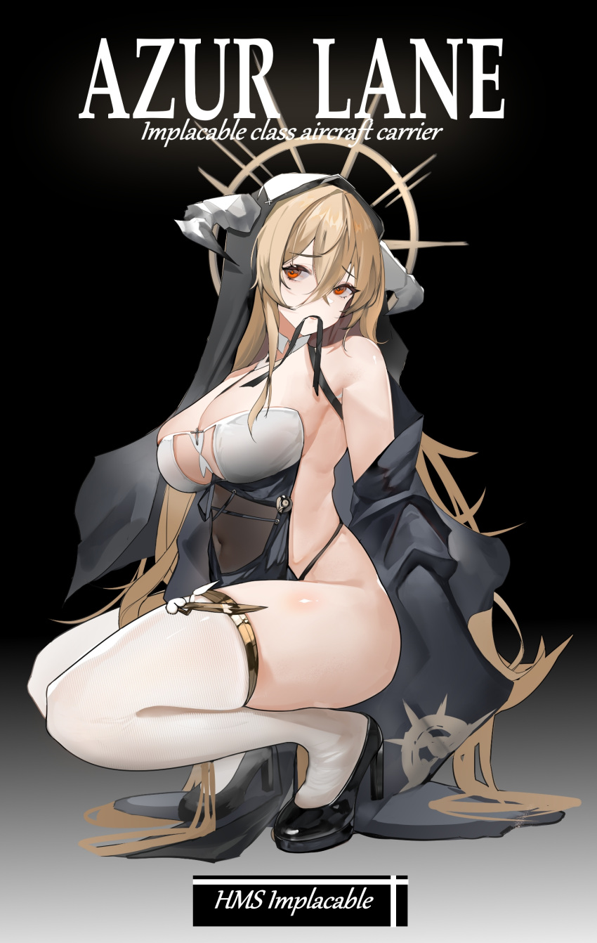 1girl absurdres azur_lane backless_outfit bare_shoulders black_background blonde_hair breast_cutout breasts character_name cleavage clothing_cutout english_text fake_horns from_side habit hair_between_eyes highres horns implacable_(azur_lane) large_breasts long_hair looking_at_viewer mouth_hold nun pelvic_curtain red_eyes revealing_clothes see-through simple_background solo squatting stomach_cutout takeka_oni thighhighs very_long_hair white_horns white_thighhighs