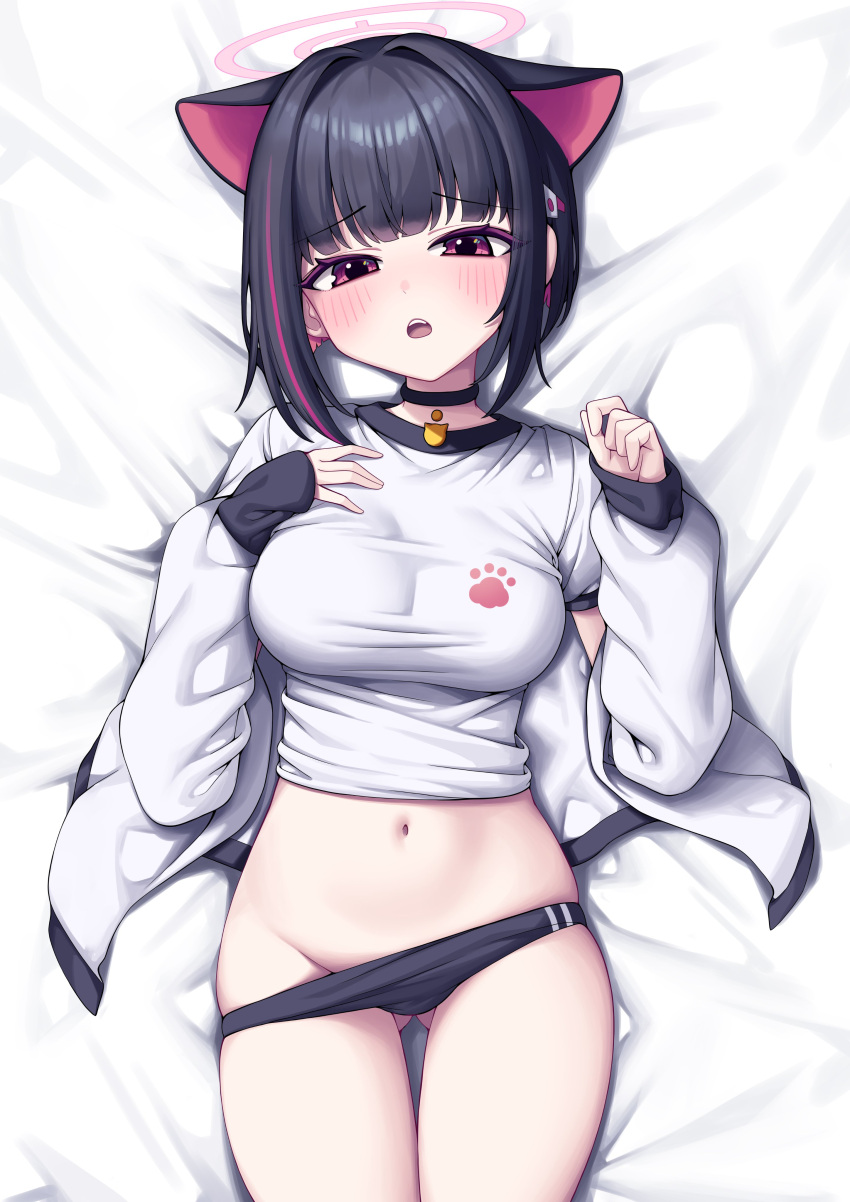 1girl absurdres animal_ears ass_visible_through_thighs bed_sheet black_buruma black_choker black_hair blue_archive blush breasts buruma buruma_lift cat_choker cat_ears choker clothes_lift colored_inner_hair commentary_request extra_ears groin gym_uniform hair_intakes hair_ornament hairclip halo highres jacket kazusa_(blue_archive) large_breasts long_sleeves looking_at_viewer lying medium_hair metaljelly multicolored_hair navel on_back open_clothes open_jacket open_mouth paw_print pink_eyes pink_hair pink_halo print_shirt shirt shirt_lift short_sleeves sleeves_past_wrists solo stomach streaked_hair teeth thighs two-tone_hair upper_teeth_only white_jacket white_shirt