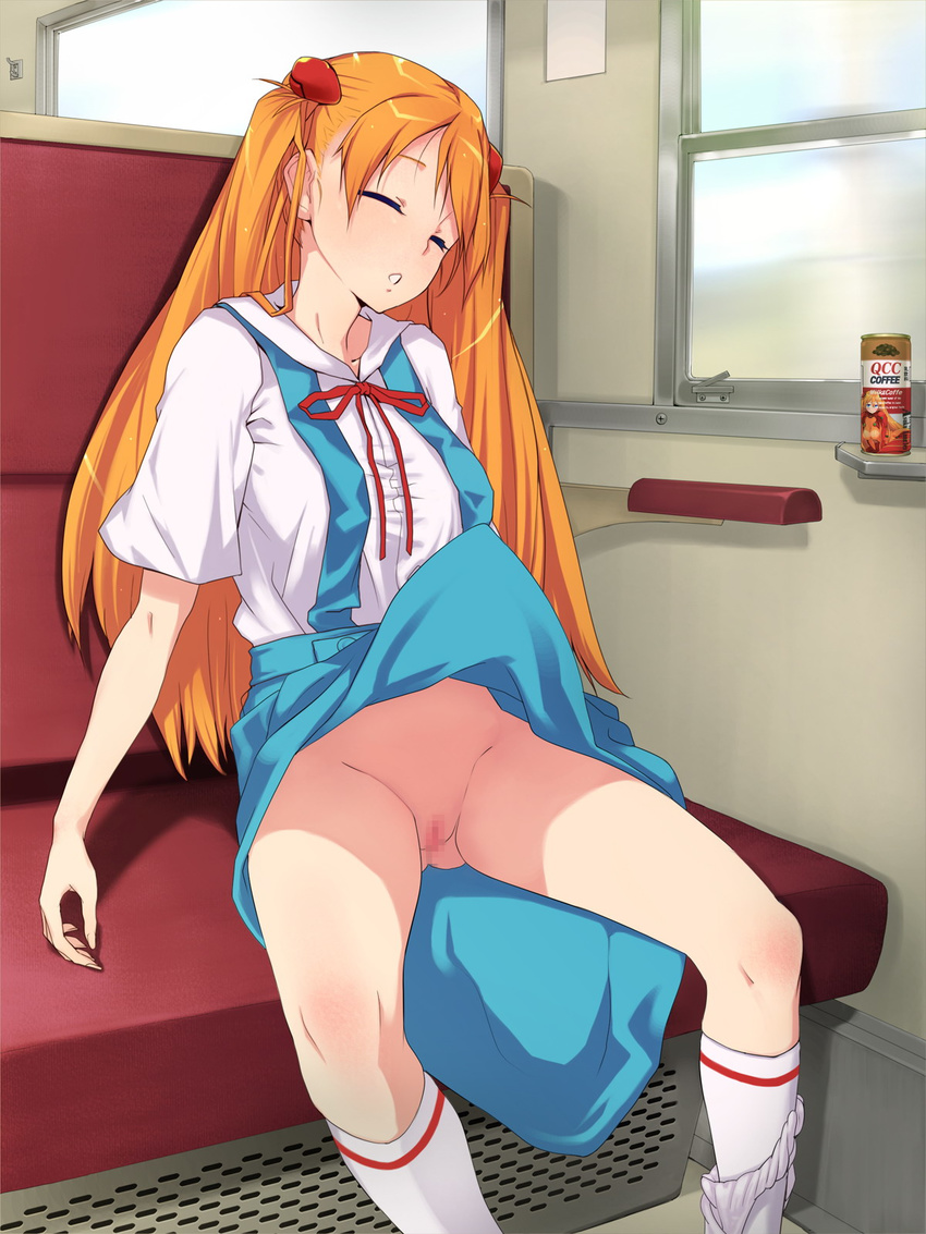 bow can censored closed_eyes coffee colored_eyelashes eyelashes hair_ornament highres long_hair neon_genesis_evangelion no_panties orange_hair panties panties_around_one_leg pink_doragon plugsuit pussy school_uniform sitting skirt skirt_lift sleeping sleeping_upright socks solo souryuu_asuka_langley spread_legs train_interior ucc_coffee underwear