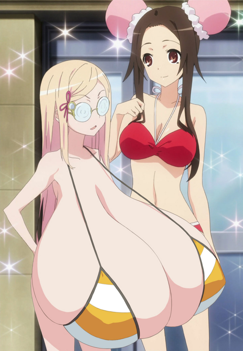 bikini blonde_hair breasts brown_eyes brown_hair gigantic_breasts glasses highres large_breasts majolica_le_fay ookami-san ookami-san_to_shichinin_no_nakamatachi photoshop swimsuit tsurugaya_otsuu