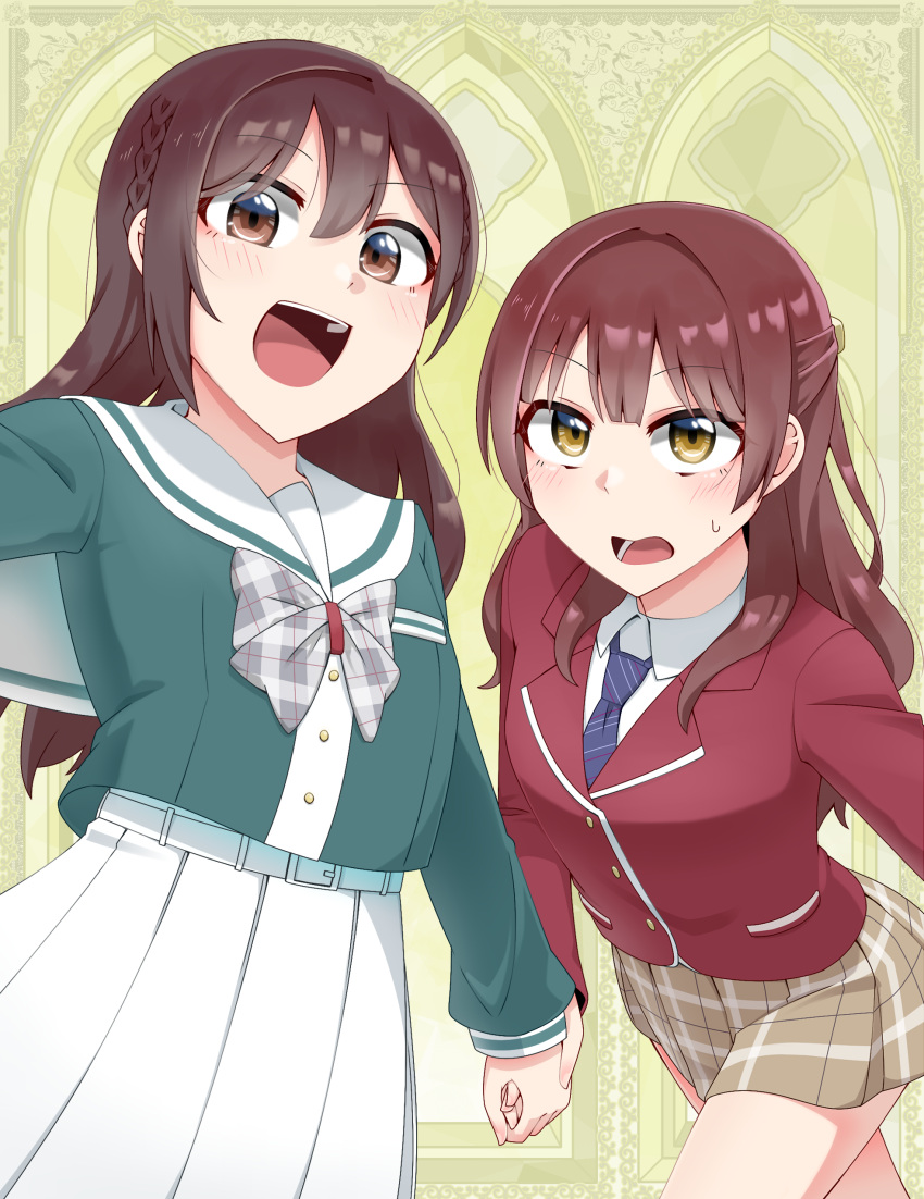 2girls absurdres belt blush bow brown_eyes brown_hair brown_skirt collared_shirt commentary_request green_shirt grey_bow half_updo highres holding_hands jacket long_hair long_sleeves looking_at_viewer love_live! love_live!_school_idol_musical multiple_girls necktie open_mouth orange_eyes plaid plaid_skirt pleated_skirt purple_necktie red_jacket sailor_collar school_uniform shirt sidelocks skirt taizakura_girls'_academy_school_uniform takizawa_anzu tetetsu_(yuns4877) tsubaki_rurika tsubakisakuhana_girls'_high_school_uniform upper_body white_belt white_sailor_collar white_skirt