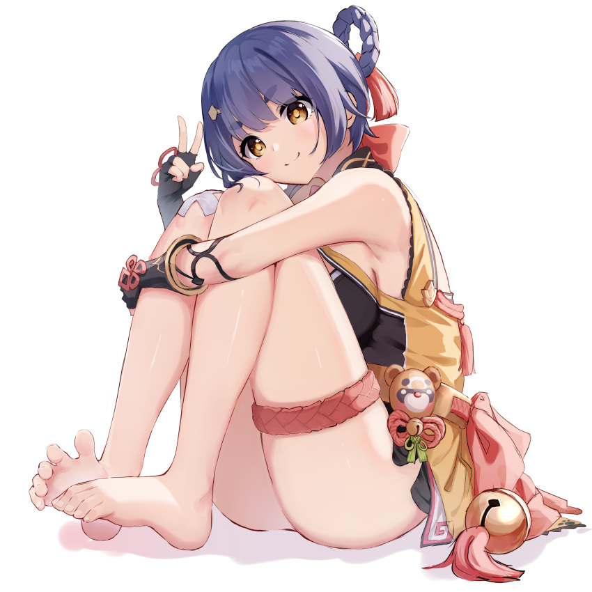 1girl absurdres armpit_peek bandaid bandaid_on_knee bandaid_on_leg bare_shoulders barefoot black_gloves blue_hair blush braided_hair_rings breasts china_dress chinese_clothes closed_mouth coin_hair_ornament dress fingerless_gloves full_body genshin_impact gloves hair_ornament hair_rings hairclip highres hugging_own_legs looking_at_viewer medium_breasts sazanka short_hair sideboob simple_background smile soles solo thighs toes v xiangling_(genshin_impact) yellow_eyes
