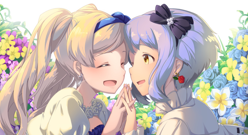 1girl 2girls black_ribbon blonde_hair blue_flower blue_hairband blush bow closed_eyes earrings emily_stewart face-to-face floral_background flower flower_earrings glint hair_bow hair_ribbon hairband hand_up holding_hands idolmaster idolmaster_million_live! idolmaster_million_live!_theater_days jewelry long_hair long_sleeves looking_at_another makabe_mizuki multiple_girls one_eye_closed open_mouth pink_flower plant portrait puffy_sleeves purple_flower purple_hair red_flower ribbon shirt short_hair sidelocks smile staring twintails vines wavy_hair white_shirt yellow_eyes yellow_footwear yoshika_(music480069)