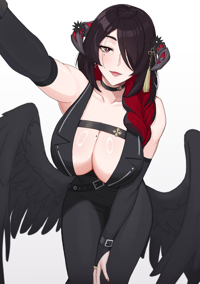 1girl absurdres black_hair blush braid breasts cleavage colored_inner_hair demon_horns hair_over_one_eye highres hololive hololive_english horns huge_breasts kuon_bb long_hair looking_at_viewer mamarissa mature_female mole mole_under_eye multicolored_hair one_eye_covered open_mouth outstretched_arm reaching reaching_towards_viewer red_eyes red_hair smile solo two-tone_hair virtual_youtuber