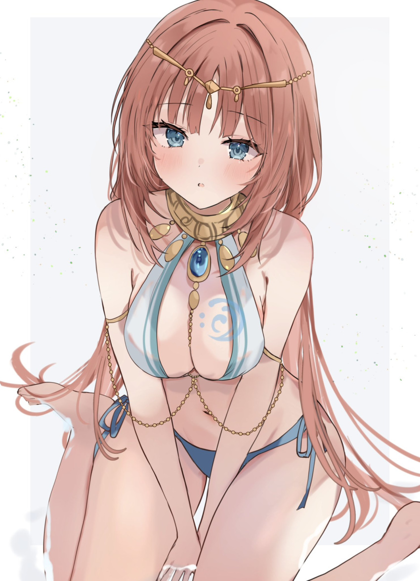 1girl adapted_costume aqua_eyes armlet bare_legs bare_shoulders barefoot between_breasts between_legs bikini blue_bikini blue_gemstone blush bracer breasts chain circlet cleavage gem genshin_impact gold_chain hand_between_legs highres jewelry large_breasts long_hair looking_at_viewer maruro navel nilou_(genshin_impact) open_mouth parted_bangs red_hair side-tie_bikini_bottom sitting solo stomach swimsuit thighs two-tone_background wariza