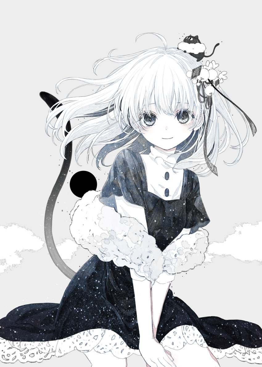 1girl absurdres ahoge arms_between_legs black_dress black_eyes black_ribbon cat_tail closed_mouth collared_shirt dot_nose drawn_tail dress floating_hair frilled_dress frills grey_background hair_ribbon highres legs_apart long_hair looking_at_viewer original oseto_(oxxsexxto) ribbon shirt short_dress short_sleeves simple_background sitting smile solo tail white_hair white_shirt