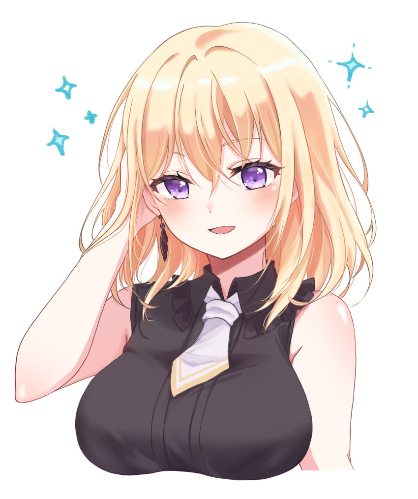 1girl adjusting_hair bang_dream! bang_dream!_it's_mygo!!!!! black_shirt blonde_hair blush breasts collared_shirt commentary cropped_arms earrings highres jewelry large_breasts looking_at_viewer medium_hair misumi_uika necktie portrait ppora purple_eyes shirt simple_background single_earring sleeveless sleeveless_shirt smile solo sparkle white_background white_necktie