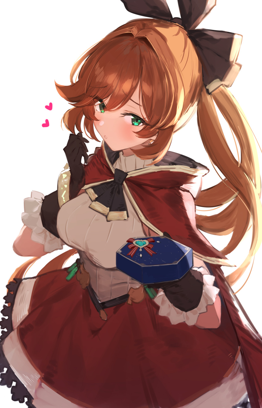 1girl absurdres black_bow black_gloves blush bow box breasts brown_hair capelet clarisse_(granblue_fantasy) gloves granblue_fantasy green_eyes hair_bow hair_ornament heart hexagon_print highres holding holding_box large_breasts long_hair looking_at_viewer parted_bangs ponytail red_capelet red_skirt remora180 shirt simple_background skirt solo swept_bangs test_tube white_background white_shirt