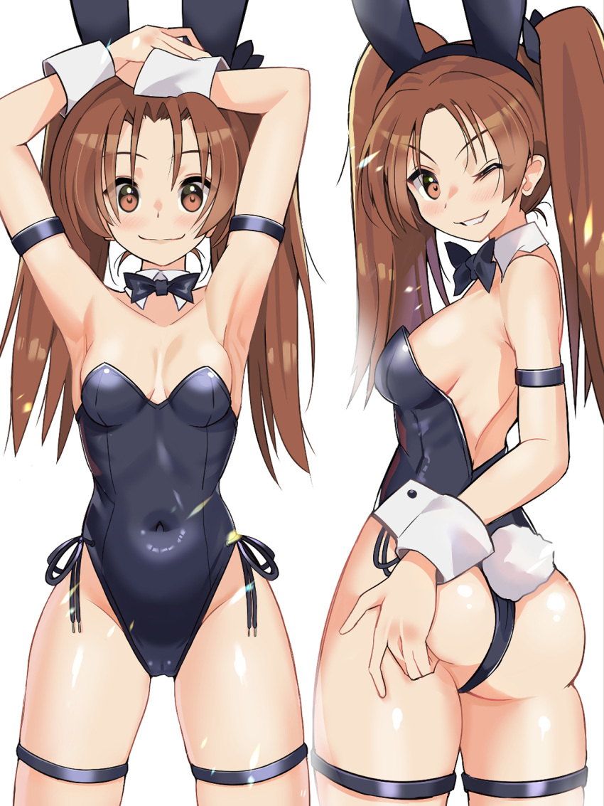 1girl animal_ears armpits arms_up ass black_bow black_bowtie black_leotard blaze_(blazeillust) bow bowtie brown_eyes brown_hair cameltoe closed_eyes commentary_request cowboy_shot detached_collar girls_und_panzer hands_on_own_head highres kadotani_anzu leotard long_hair looking_at_viewer looking_back multiple_views one_eye_closed playboy_bunny rabbit_ears rabbit_tail side-tie_leotard simple_background strapless strapless_leotard tail twisted_torso white_background wrist_cuffs