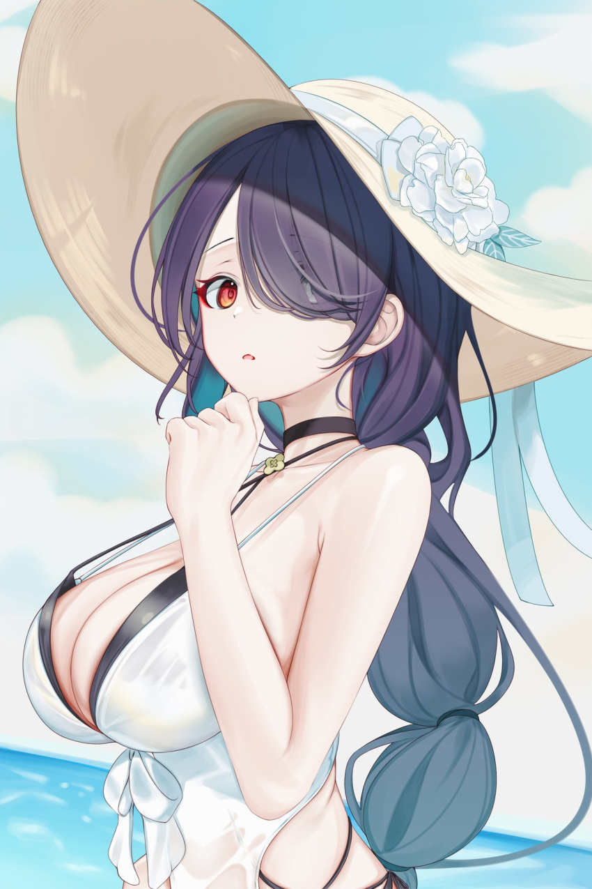 1girl arm_up black_hair blue_archive braid breasts flower from_side hair_over_one_eye halterneck hand_on_own_chin hat hat_flower hat_ribbon highres hinata_(blue_archive) hinata_(swimsuit)_(blue_archive) large_breasts looking_to_the_side no_halo official_alternate_costume one-piece_swimsuit oneline red_eyes ribbon single_braid solo sun_hat swimsuit wet wet_clothes wet_swimsuit