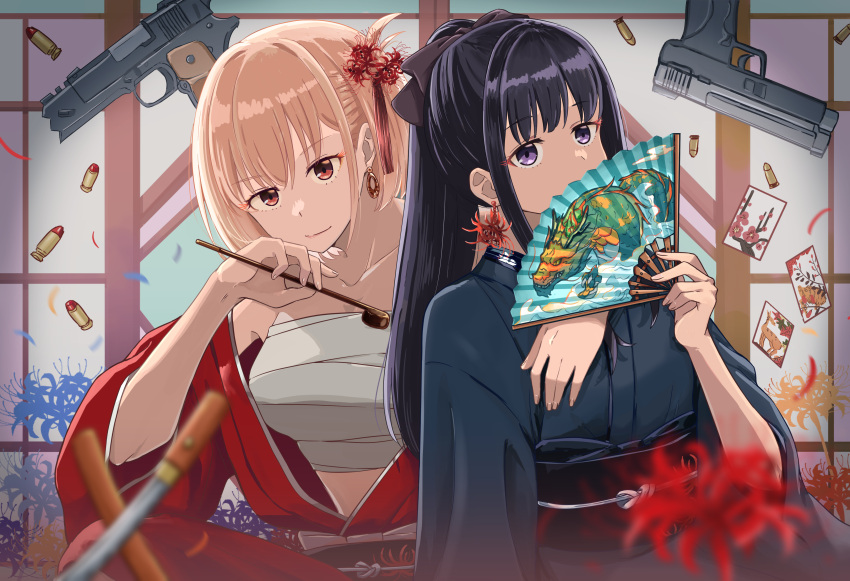 2girls absurdres bare_shoulders black_bow black_hair blonde_hair blue_kimono blurry bow breasts chai_haru closed_mouth collarbone commentary depth_of_field earrings flower flower_earrings gun hair_bow hair_flower hair_ornament hand_fan handgun highres holding holding_fan inoue_takina japanese_clothes jewelry kimono kiseru large_breasts long_hair looking_at_viewer lycoris_recoil midriff multiple_girls nishikigi_chisato obi ponytail purple_eyes red_eyes red_kimono sarashi sash short_hair sidelocks smoking_pipe spider_lily symbol-only_commentary weapon weapon_request