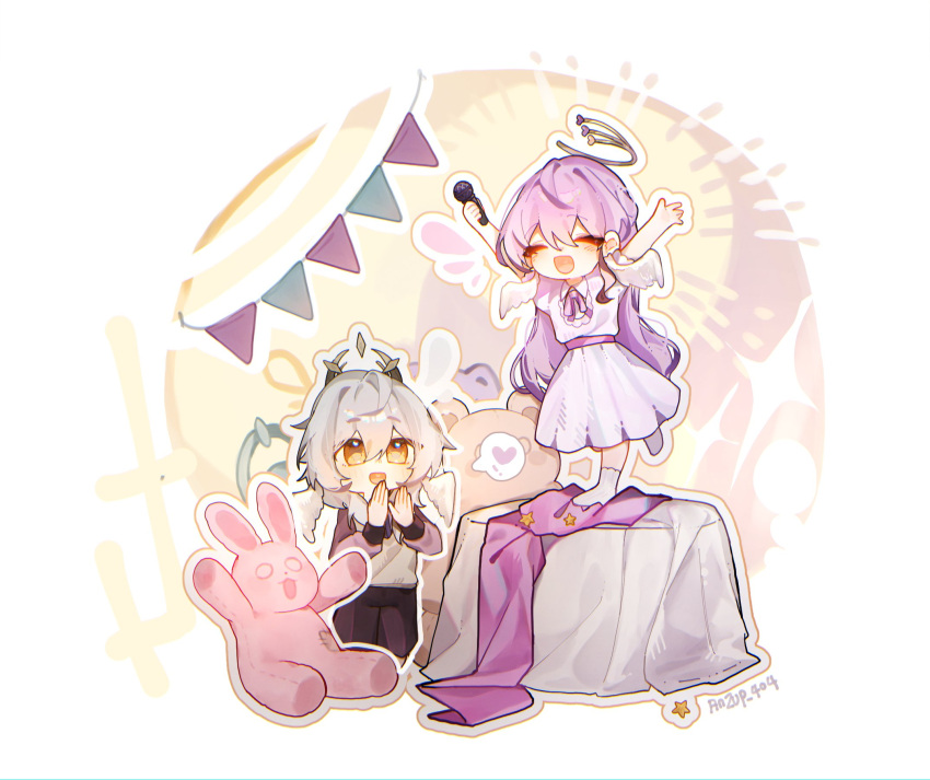 1boy 1girl :d aged_down anzup_404 arms_up artist_name black_pants brother_and_sister clapping commentary dress grey_hair hair_between_eyes halo hands_up head_wings heart highres holding holding_microphone honkai:_star_rail honkai_(series) long_hair long_sleeves microphone neck_ribbon open_mouth pants purple_dress purple_hair purple_ribbon ribbon robin_(honkai:_star_rail) siblings smile socks spoken_heart standing standing_on_one_leg star_(symbol) string_of_flags stuffed_animal stuffed_rabbit stuffed_toy sunday_(honkai:_star_rail) symbol-only_commentary teddy_bear very_long_hair white_socks wings yellow_eyes