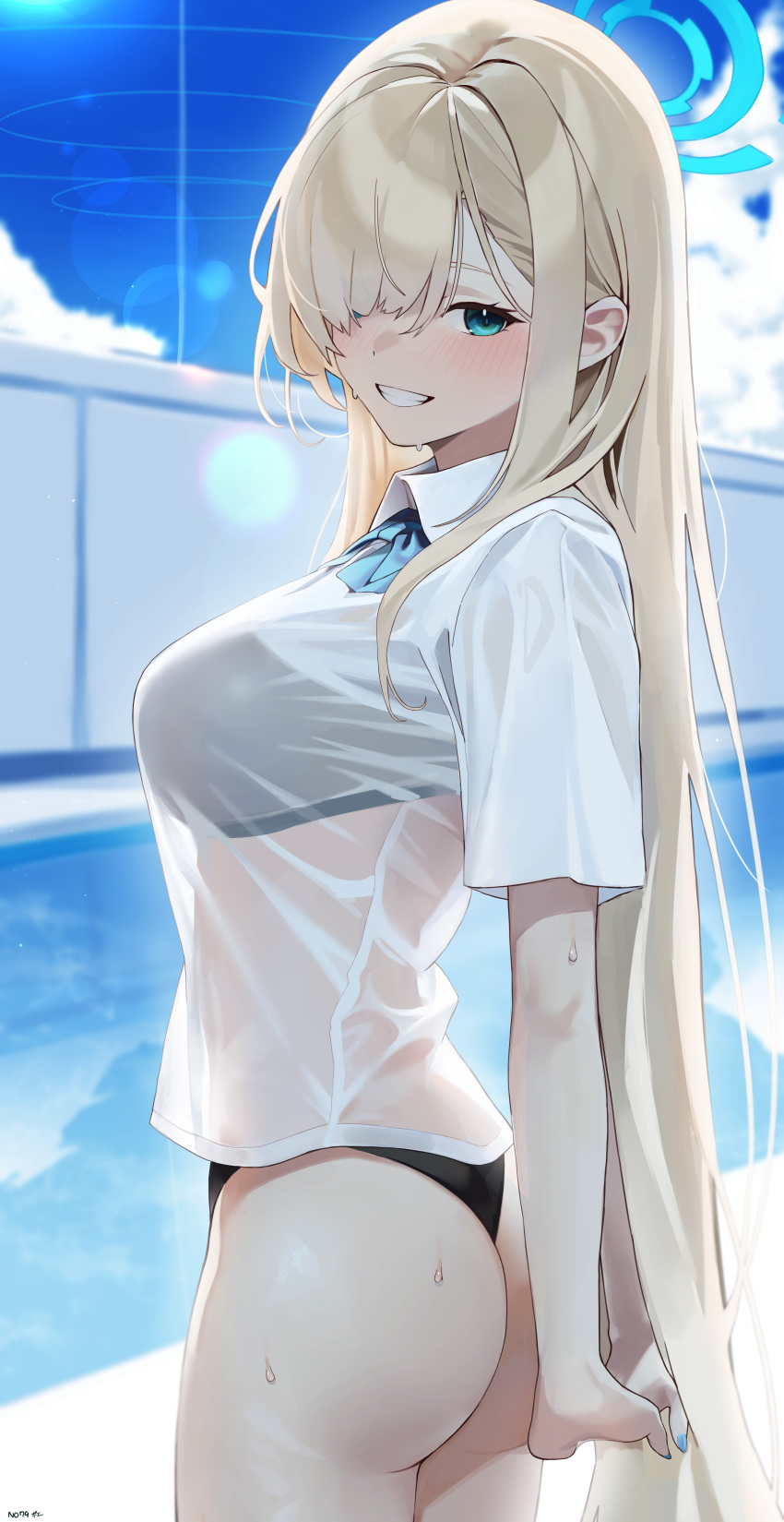 1girl absurdres arms_behind_back ass asuna_(blue_archive) bikini bikini_under_clothes blonde_hair blue_archive blue_eyes blue_halo blush bow bowtie breasts collared_shirt cowboy_shot from_side grin hair_over_one_eye halo highres large_breasts long_hair looking_at_viewer not_forever2w pool see-through see-through_shirt shirt sky smile solo stretching swimsuit thong_bikini very_long_hair wet wet_clothes wet_shirt white_shirt