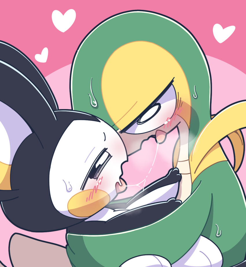 ambiguous_gender anthro biped black_body blush bodily_fluids duo emolga generation_5_pokemon green_body heart_symbol hi_res nettsuu nintendo open_mouth pokemon pokemon_(species) saliva saliva_string snivy sweat white_body