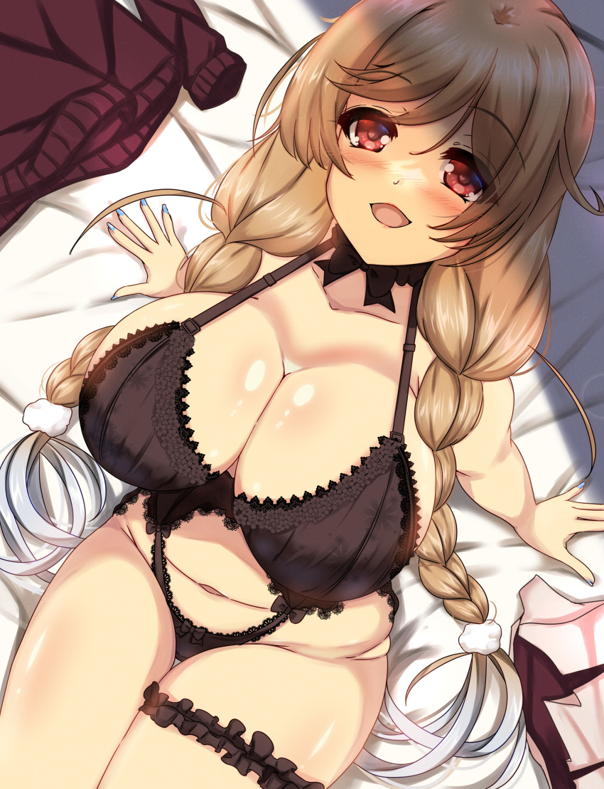 1girl absurdres arm_support black_bra black_panties blue_nails bra braid breasts cloud_hair_ornament from_above gradient_hair grey_hair highres kantai_collection large_breasts light_brown_hair long_hair looking_at_viewer low_twin_braids minegumo_(kancolle) multicolored_hair navel open_mouth panties red_eyes shigatsu_(soratobuusagi) sitting solo twin_braids underwear underwear_only very_long_hair