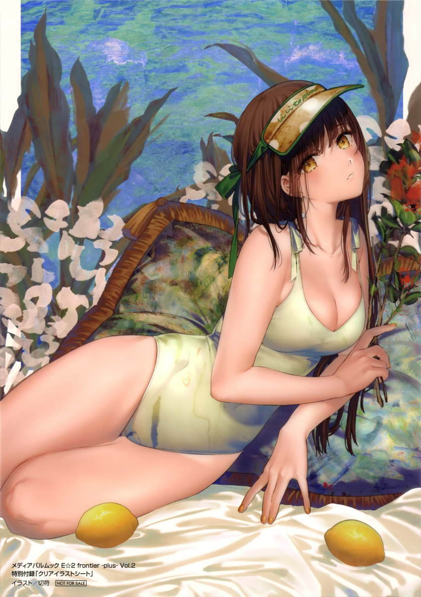 1girl absurdres bare_arms bare_shoulders bed_sheet blush breasts brown_eyes brown_hair cleavage collarbone fingernails flower food fruit highres kippu lemon long_hair looking_at_viewer lying medium_breasts on_side one-piece_swimsuit original page_number parted_lips pillow scan swimsuit thighs visor_cap yellow_nails