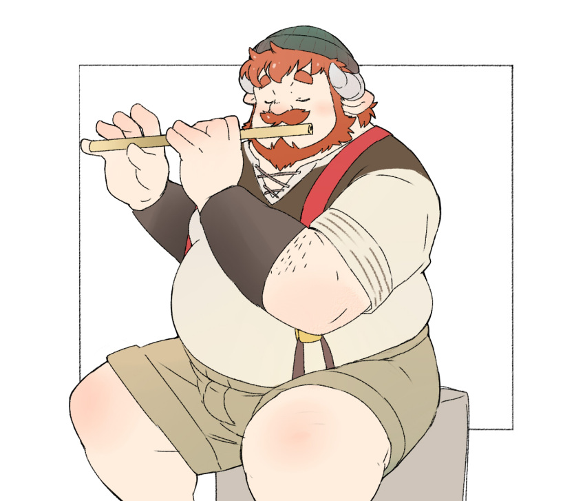 1boy animal_ears bara beanie beard belly closed_eyes cow_boy cow_ears cow_horns facial_hair fat fat_man feet_out_of_frame full_beard hat horns male_focus mature_male odmk_(jinnta4014) original playing_flute short_hair short_shorts shorts sitting solo sparse_arm_hair thick_beard thick_eyebrows thick_mustache