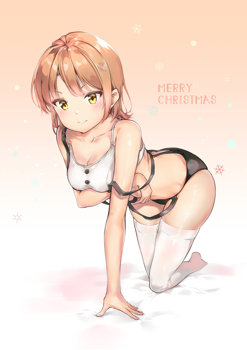 1girl absurdres all_fours arm_under_breasts black_panties blonde_hair bra breasts cleavage collarbone full_body highres isshiki_iroha medium_breasts merry_christmas okaki_wtvc3785 panties solo suspenders suspenders_slip thighhighs thighs underwear white_bra white_thighhighs yahari_ore_no_seishun_lovecome_wa_machigatteiru. yellow_eyes