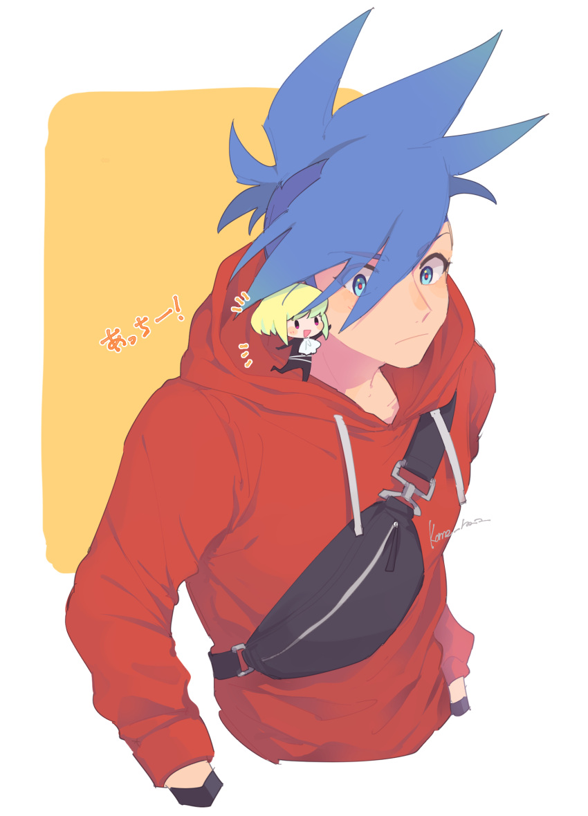 ! 2boys :&gt; artist_name ascot asymmetrical_hair blue_eyes blue_hair blush chibi commentary_request expressionless fanny_pack galo_thymos green_hair highres hood hood_down hoodie kome_1022 lio_fotia looking_at_another male_focus mohawk multiple_boys on_shoulder promare red_hoodie short_hair sidecut sidelocks simple_background translated undercut upper_body white_ascot white_background
